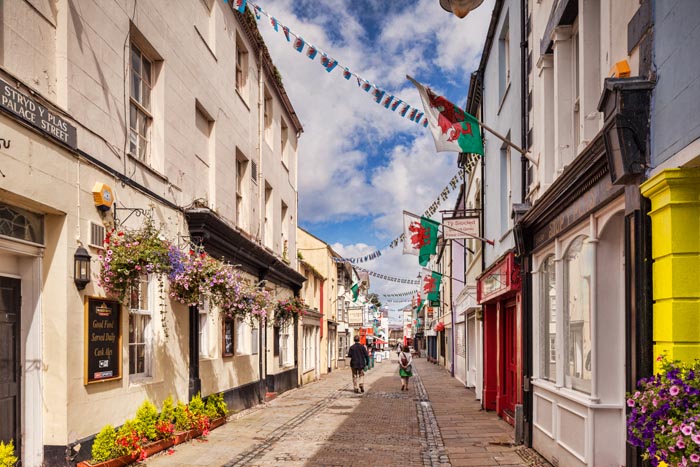 Palace Street, a street within the old city walls of Caernarfon, Gwynedd, Wales, UK