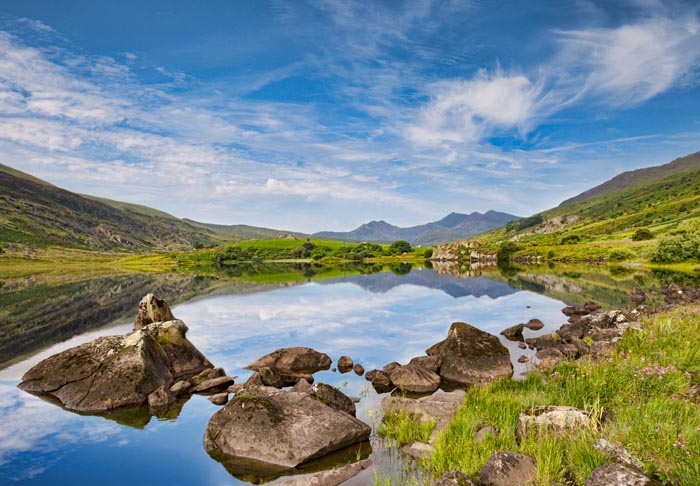 View of Snowdon from Llynau Mymbyr, near Capel Curig, in the Snowdonia National Park,Gwynedd, Wales, UK.
