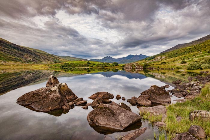View of Snowdon from Llynau Mymbyr, near Capel Curig, in the Snowdonia National Park,Gwynedd, Wales, UK.