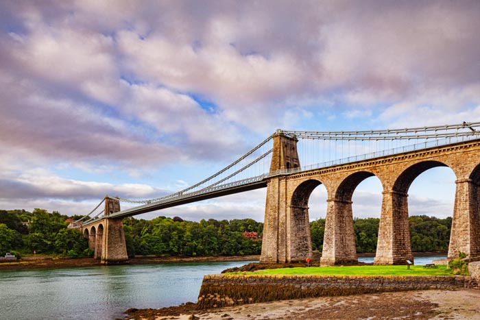 Menai Bridge, crossing the Menai Straits, designed by Thomas Telford, Anglesey, Wales, UK