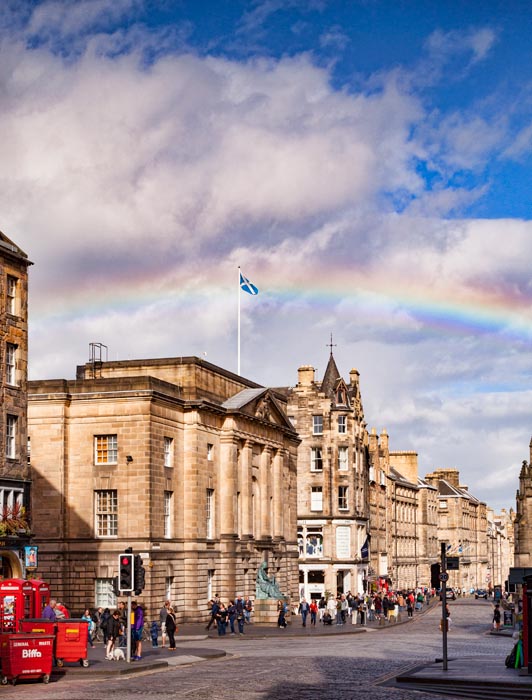 The Royal Mile, Edinburgh, with a rainbow, Scotland, UK