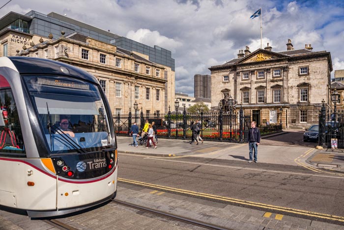 St Andrew Square, Edinburgh, with the Royal Bank of Scotland HQ, and a tram, Scotland, UK