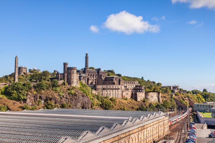 Calton Hill and Waverley Street Station, Edinburgh, Scotland, UK