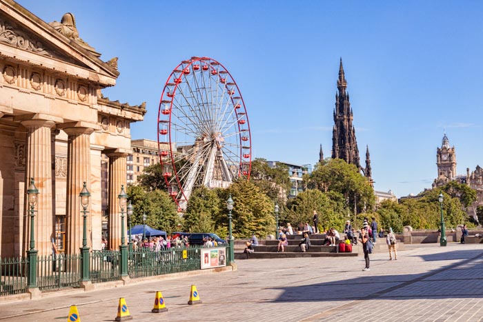 Edinburgh skyline, with the Scottish National Gallery, the Festival Wheel, the Scott Monument, and the clock tower of the Balmoral Hotel, Scotland, UK