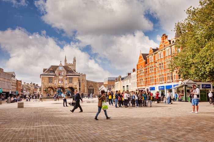 Peterborough Cathedral Square and Market Hall, Lincolnshire, England, UK